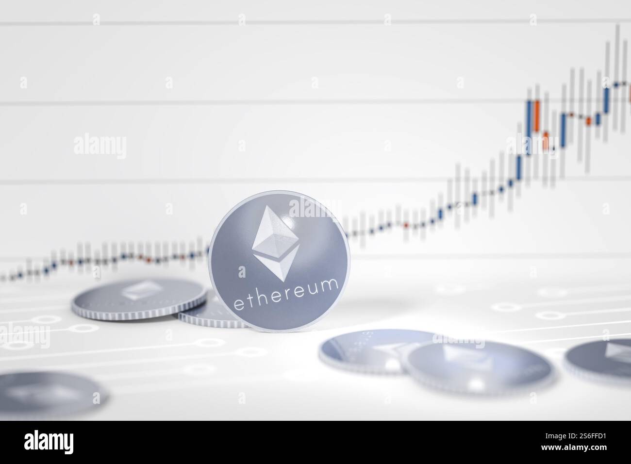 rendering 3d di alcune monete ethereum su sfondo grafico Foto Stock
