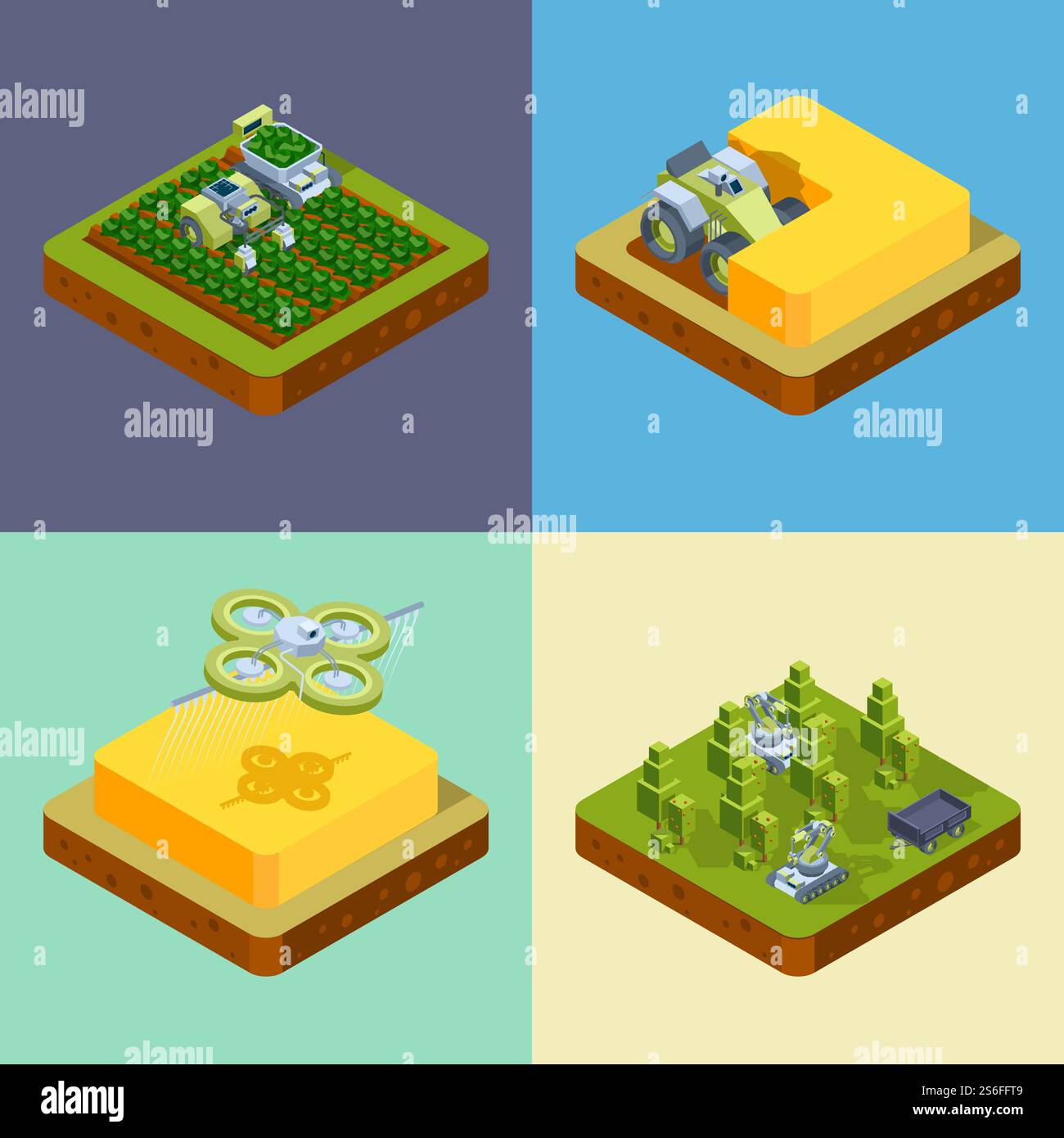 Concetto di agricoltura. Processi di coltivazione intelligente raccolta rete di irrigazione di semina guida digitale raccoglitrice trattori vettoriali isometrici. Illustrazione Farm Agriculture 3d, mietitrebbia. Concetto di agricoltura. Processi di coltivazione intelligente raccolta rete di irrigazione di semina guida digitale raccoglitrice trattori vettoriali isometrici Illustrazione Vettoriale