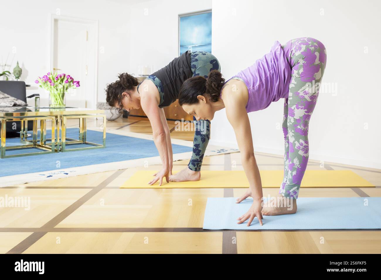 L'immagine di due donne a fare yoga a casa Foto Stock