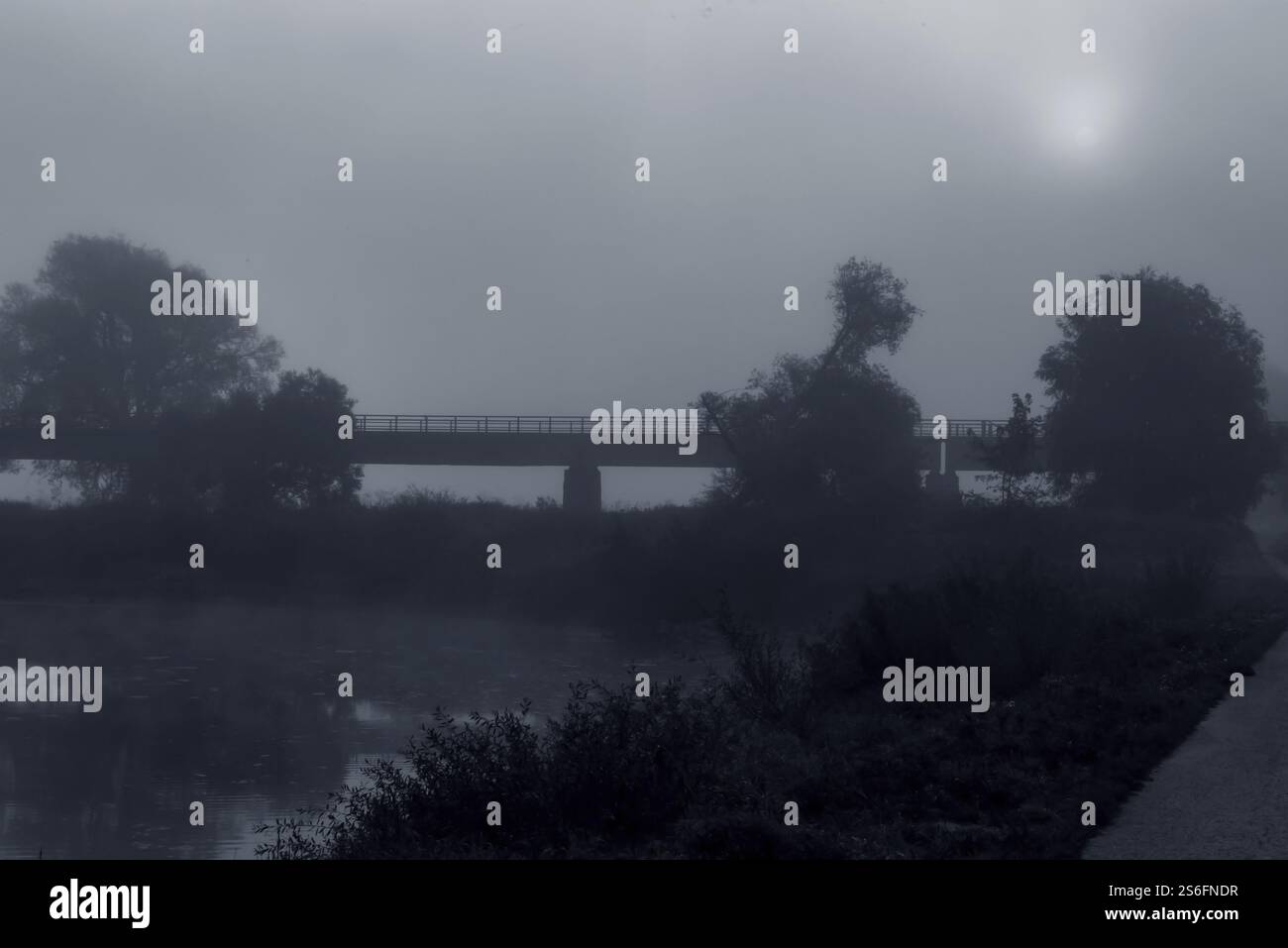 Un ponte nebbioso su un fiume in un'atmosfera nebbiosa, Bogen, bassa Baviera Foto Stock