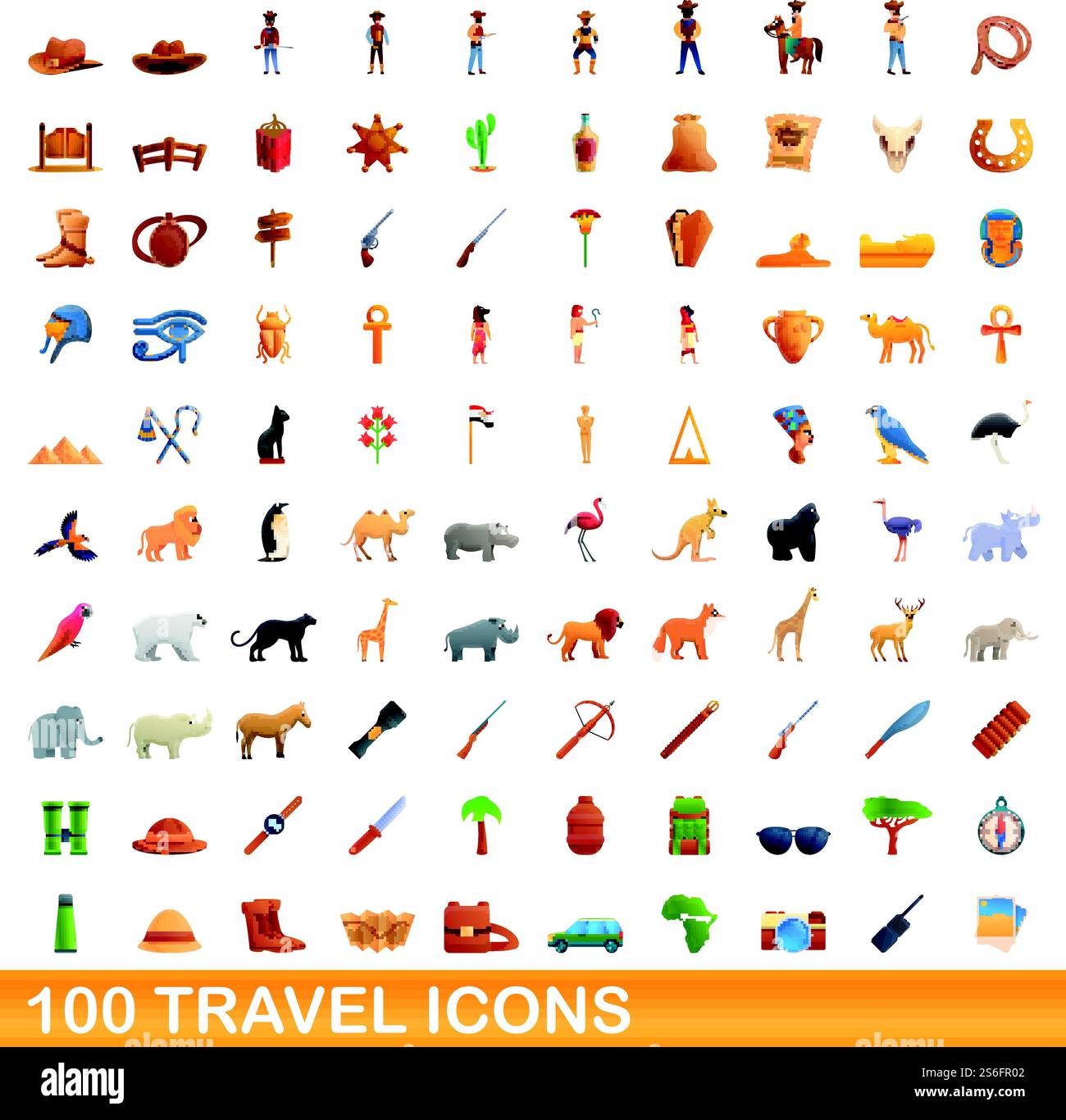 set di 100 icone di viaggio. Illustrazione a cartoni animati di 100 icone di viaggio con set di vettori isolato su sfondo bianco. set di 100 icone di viaggio, stile cartoni animati Illustrazione Vettoriale