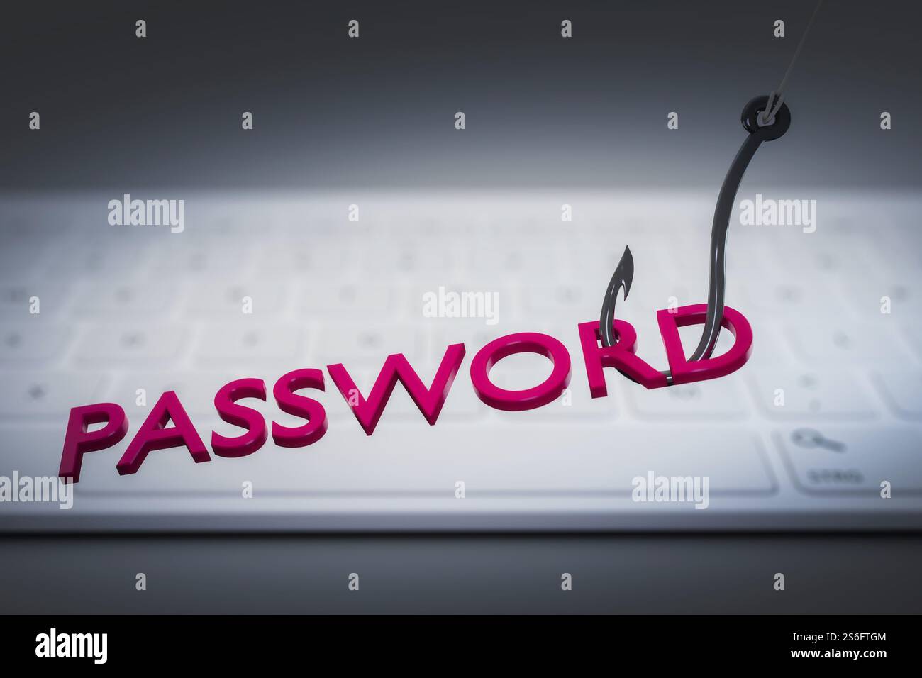 Dati della password di phishing con tastiera e simbolo gancio illustrazione 3d. Foto Stock