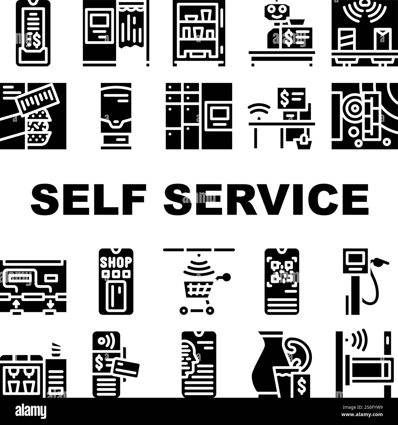 Le icone della raccolta di acquisto self-service impostano il vettore. Robot self-service e chiosco fotografico, controllo digitale e terminale per il pagamento pittogrammi glifi illustrazioni nere. Le icone della raccolta di acquisto self-service impostano il vettore Illustrazione Vettoriale