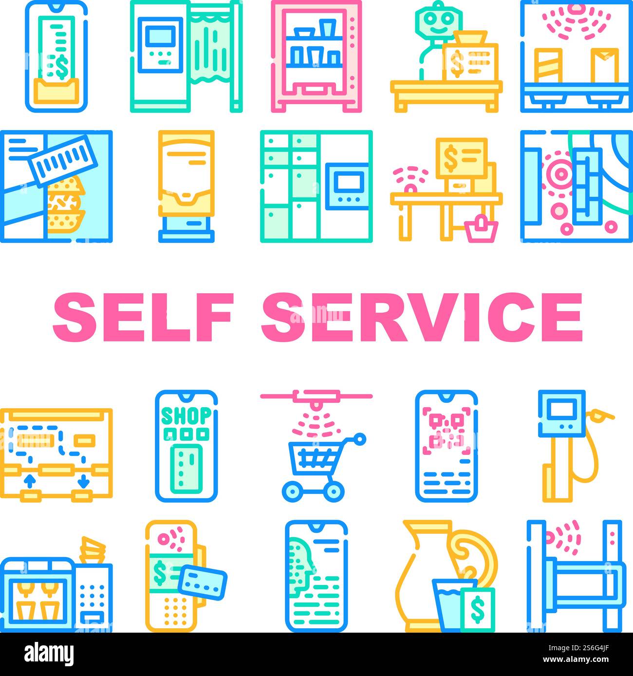 Le icone della raccolta di acquisto self-service impostano il vettore. Concetto di cassa robot self-service e chiosco fotografico, controllo digitale e terminale per pagamento pittogrammi lineari. Illustrazioni colore contorno. Le icone della raccolta di acquisto self-service impostano il vettore Illustrazione Vettoriale