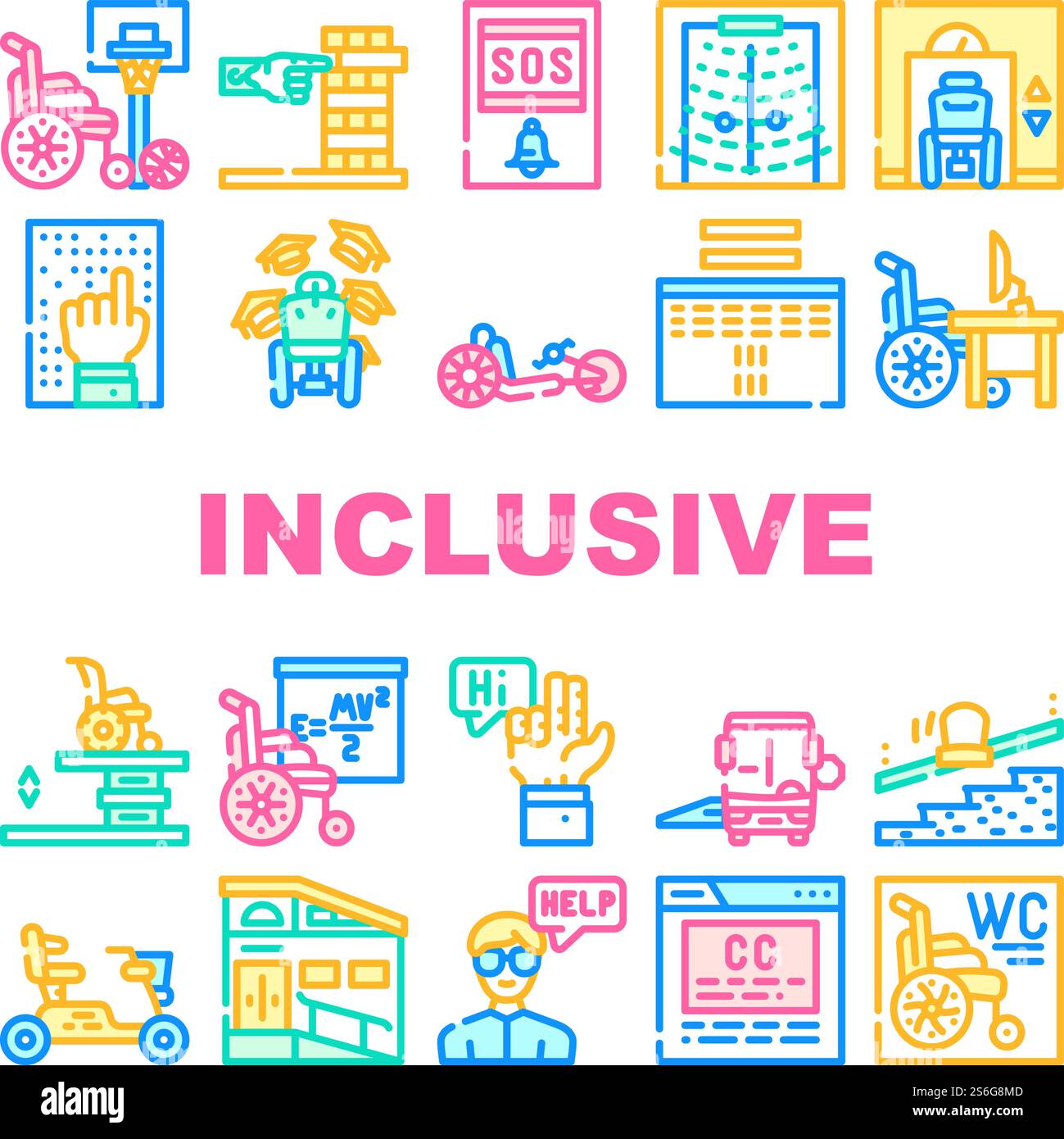 Icone della raccolta inclusiva Life Tool Set Vector. Graduazione e luogo di lavoro, SportLife and Communication, Bus e Velomobile Inclusive Life Concept pittogrammi lineari. Illustrazioni colore contorno. Icone della raccolta inclusiva Life Tool Set Vector Illustrazione Vettoriale