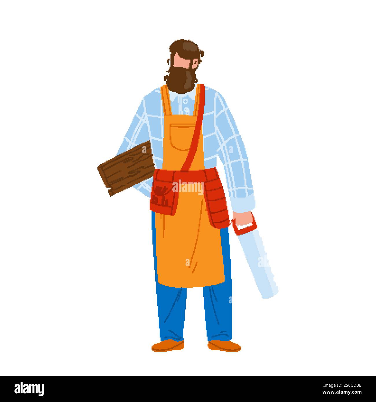 Sega per carpentiere e vettore per pannelli in legno. Uomo di falegname con barba che indossa l'uniforme e il grembiule per tenere le attrezzature e i materiali. Illustrazione di un fumetto piatto per l'occupazione del riparatore del personaggio. Sega per carpentiere e vettore per pannelli in legno Illustrazione Vettoriale
