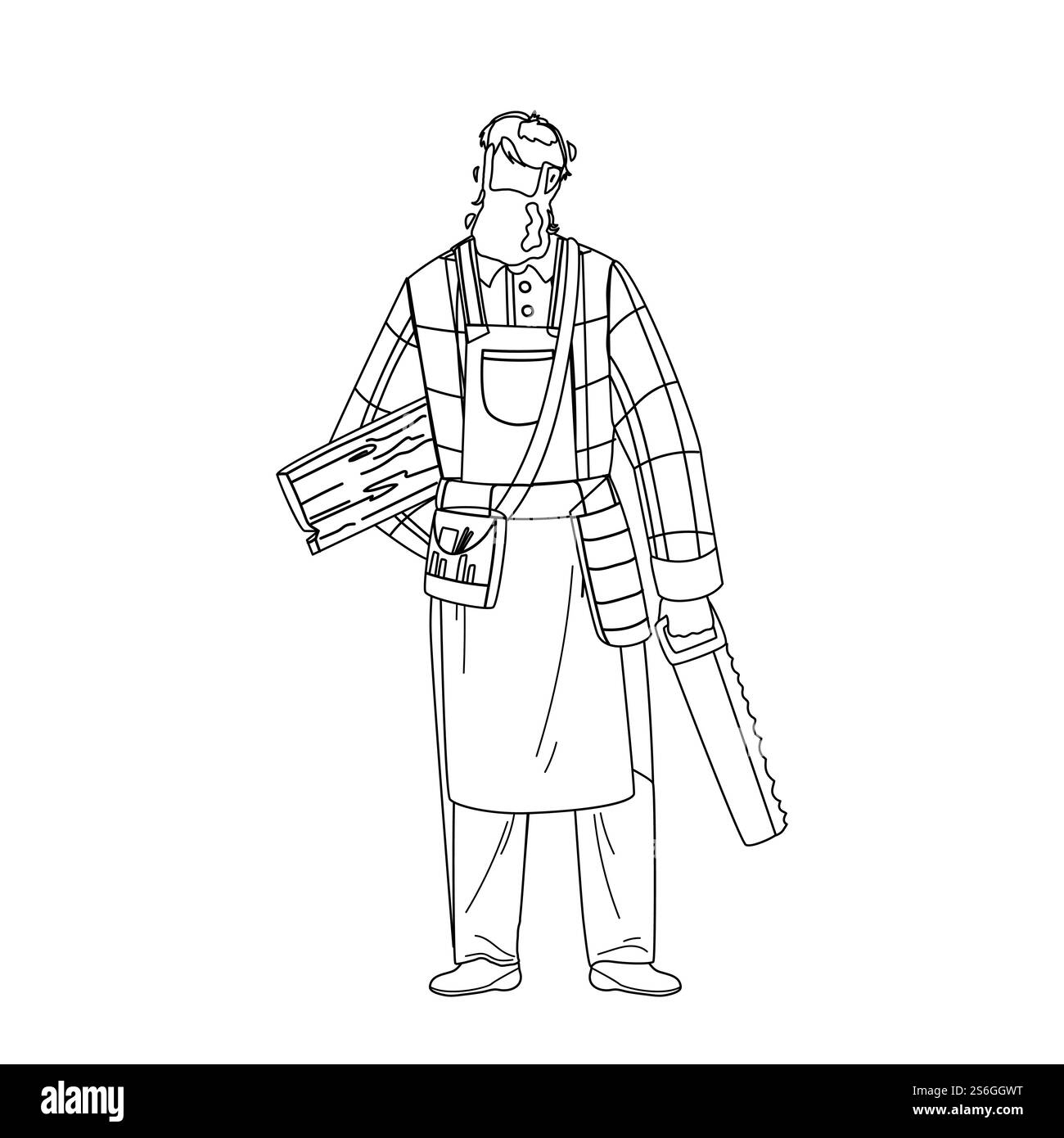 Sega per carpentiere e tavola in legno Black Line Pencil Drawing Vector. Uomo di falegname con barba che indossa l'uniforme e il grembiule per tenere le attrezzature e i materiali. Illustrazione dell'occupazione del riparatore di caratteri. Sega per carpentiere e vettore per pannelli in legno Illustrazione Vettoriale