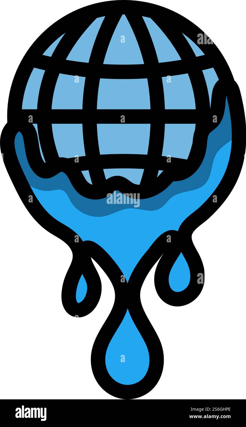 Icona pianeta con acqua in discesa. Contorno grassetto modificabile con disegno riempimento colore. Illustrazione vettoriale. Illustrazione Vettoriale