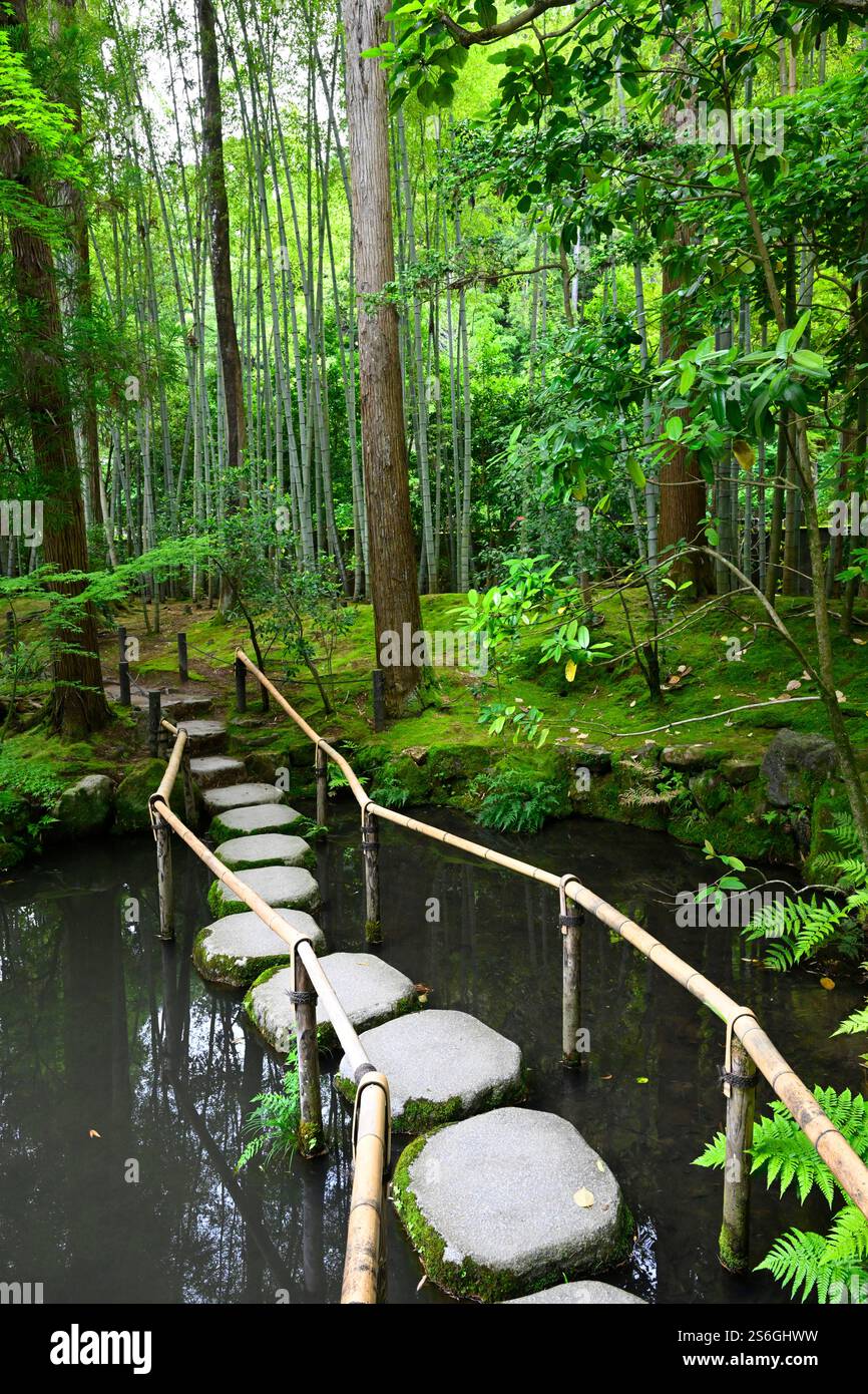 I gradini conducono attraverso il giardino dello stagno a Tenjuan, un sottotempio di Nanzenji a Kyoto, in Giappone. Foto Stock
