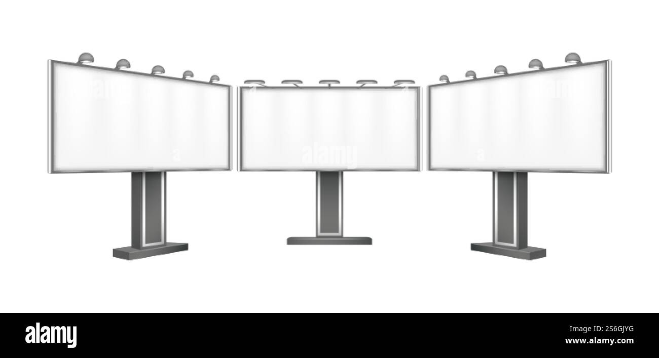 Cartellone realistico. Informazioni su strade vuote isolate. Cartello pubblicitario vuoto per pubblicità esterna. schermo luminoso 3d o mockup vettoriale di visualizzazione. Pubblicità per attività commerciali, immagine vuota per striscioni. Cartellone realistico. Informazioni su strade vuote isolate. Cartello pubblicitario vuoto per pubblicità esterna. schermo luminoso 3d o mockup vettoriale di visualizzazione Illustrazione Vettoriale
