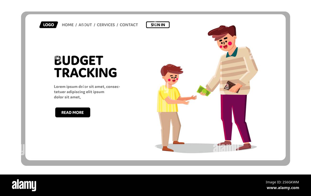 Monitoraggio del budget della famiglia e vettore contabile finanziario. Padre che dà soldi a figlio da Wallet for Payment, Financial Education e budget Tracking. Illustrazione di fumetti Flat Man and Boy Web. Monitoraggio del budget della famiglia e vettore contabile finanziario Illustrazione Vettoriale
