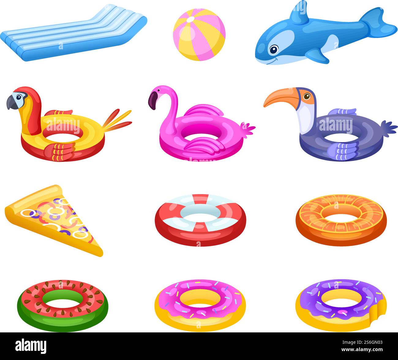 Galleggiante gonfiabile. Materasso con acqua di mare carino, accessori per feste estive in piscina. Anello di gomma per bambini, galleggiante donut flamingo, set vettoriale per pizza. Illustrazione gonfiabile a galleggiante, materasso in gomma e flamingo. Galleggiante gonfiabile. Materasso con acqua di mare carino, accessori per feste estive in piscina. Anelli di gomma per bambini, galleggianti donut flamingo, set vettoriale per pizza Illustrazione Vettoriale