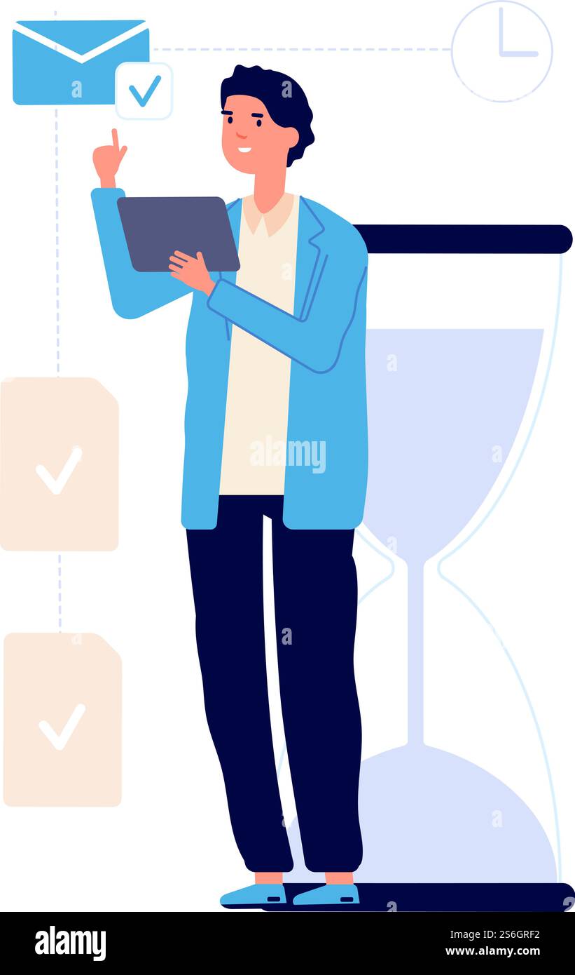 Gestione efficace del tempo. Felice uomo d'affari con orologio a legna. Assistente d'affari, segretario lavoratore illustrazione vettoriale. Efficienza del controllo della strategia, pianificazione e controllo del tempo. Gestione efficace del tempo. Felice uomo d'affari con orologio a legna. Assistente d'affari, segretario lavoratore illustrazione vettoriale Illustrazione Vettoriale