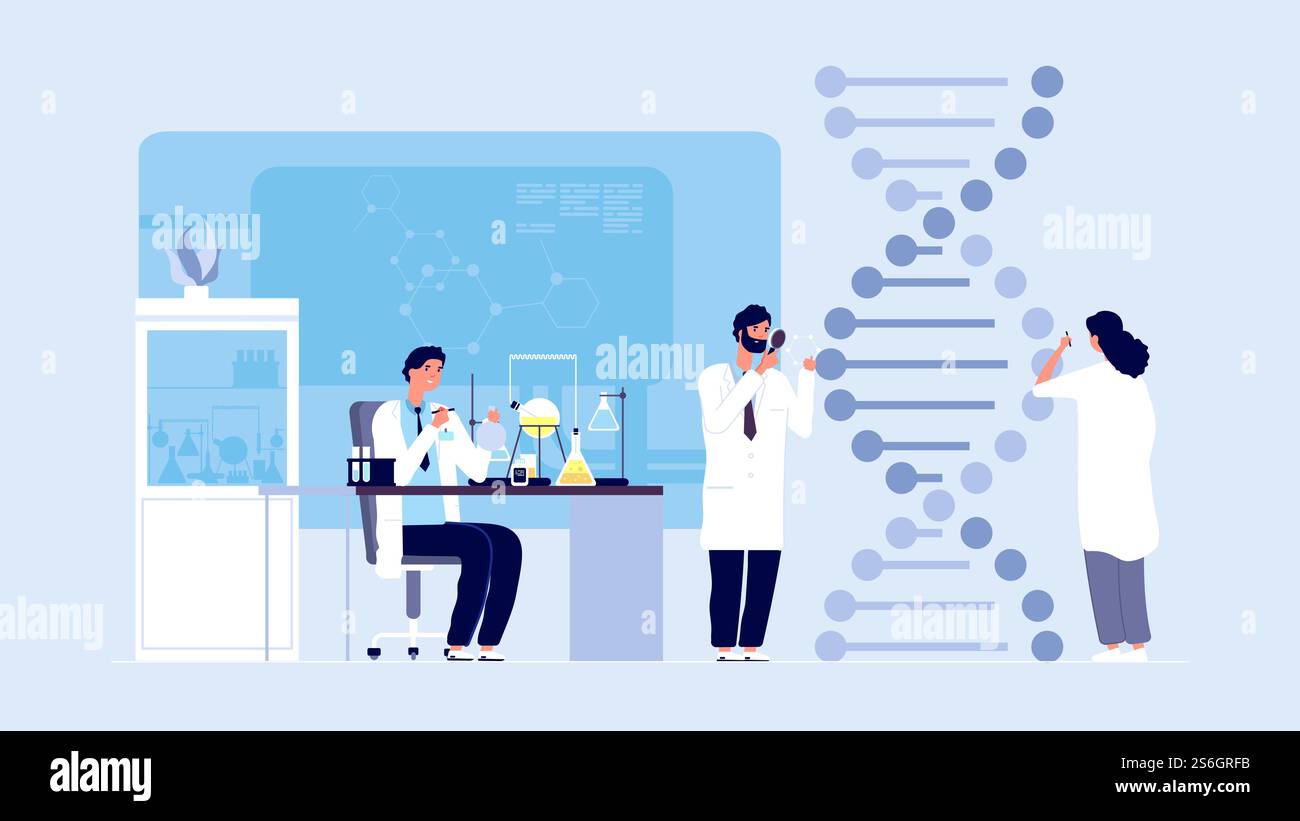 Scienza genetica. Ricerca di laboratorio sulle molecole di DNA, informazioni sulla struttura genica. Esperimenti biologici o comportamentali, nozione vettoriale di microbiologia medica. Ricerca medica, illustrazione del gene del dna. Scienza genetica. Ricerca di laboratorio sulle molecole di DNA, informazioni sulla struttura genica. Esperimenti biologici o comportamentali, nozione vettoriale di microbiologia medica Illustrazione Vettoriale
