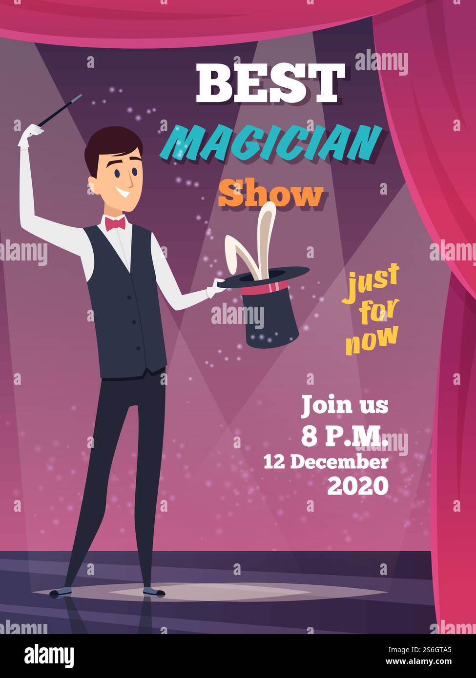 Poster dello spettacolo di magia. Mago personaggio mostra trucchi magici con invito a cartellone vettoriale con cappuccio misterioso. Spettacolo di magia, mistero dei cartoni animati magici, trucchi illustrazioni magiche. Poster dello spettacolo di magia. Mago personaggio mostra trucchi magici con invito a cartellone vettoriale con cappuccio misterioso Illustrazione Vettoriale