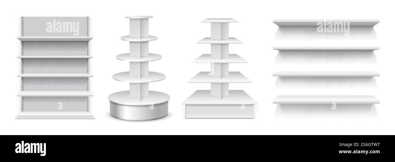 Stand del supermercato. Espositori per la vendita, scaffale per i prodotti. Realistico rack mockup, 3d vuoto frontale o attrezzature per negozi. Il mercato presenta un'illustrazione vettoriale. Il mercato produce scaffalature. Stand del supermercato. Espositori per la vendita, scaffale per i prodotti. Realistico rack mockup, 3d vuoto frontale o attrezzature per negozi. Il mercato presenta un'illustrazione vettoriale Illustrazione Vettoriale