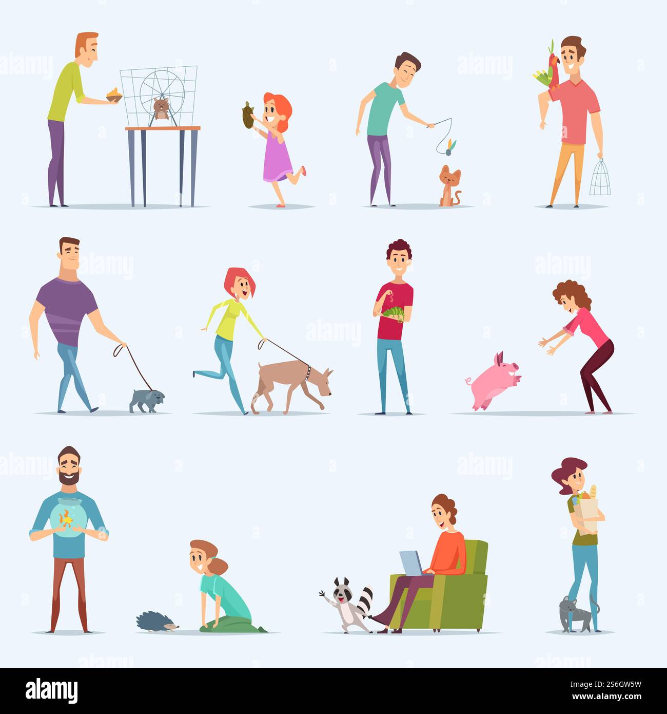 Proprietari di animali. L'acquario cane gattino pesca le persone con adorabili animali domestici personaggi vettoriali dei cartoni animati. Illustrazione animale domestico, riccio domestico, maiale e cane, gatto e pappagallo. Proprietari di animali. L'acquario cane gattino pesca le persone con adorabili animali domestici personaggi vettoriali dei cartoni animati Illustrazione Vettoriale