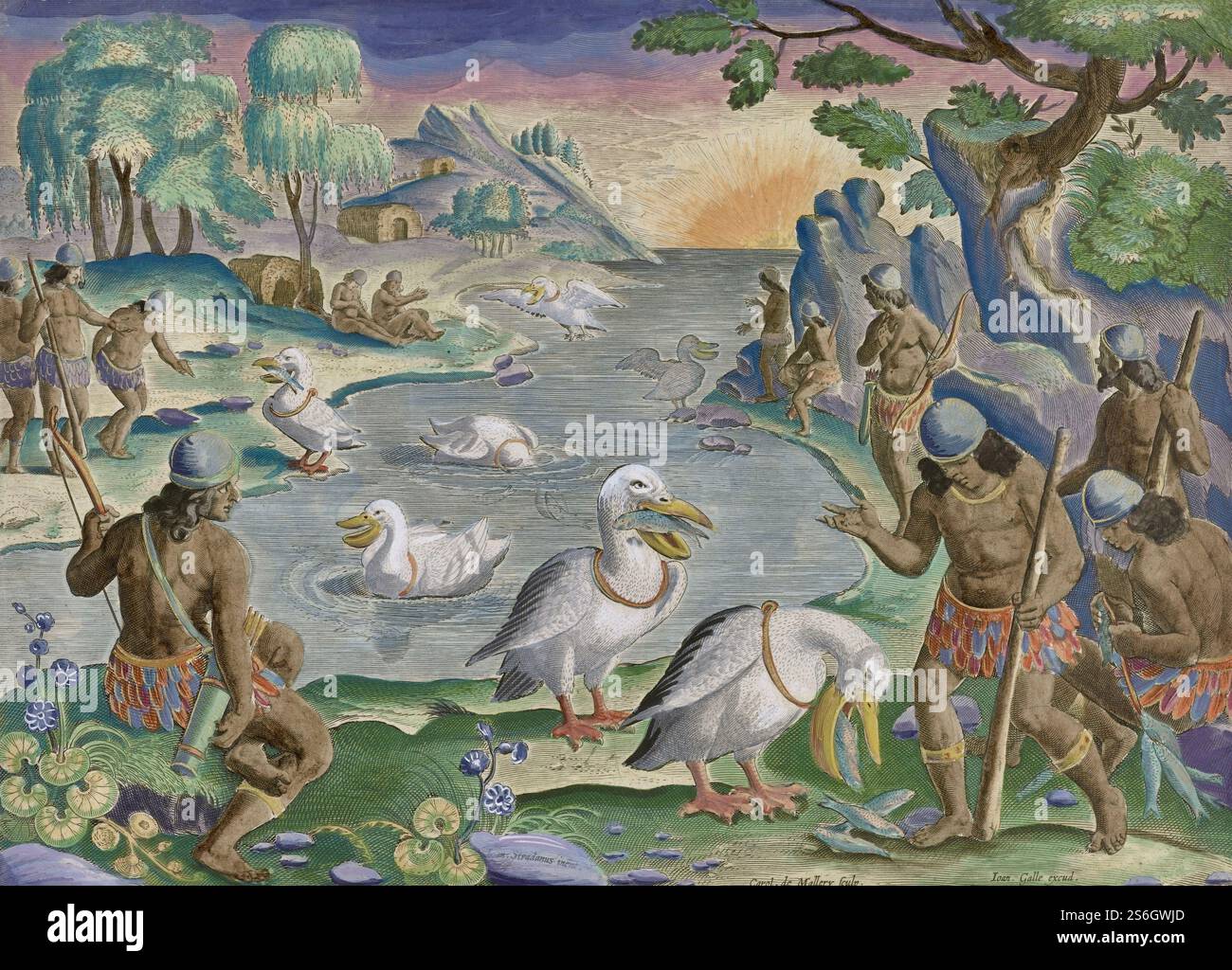 Jan van der Straet - pesca con l'aiuto dei pellicani (scene di caccia) - 1634 Foto Stock