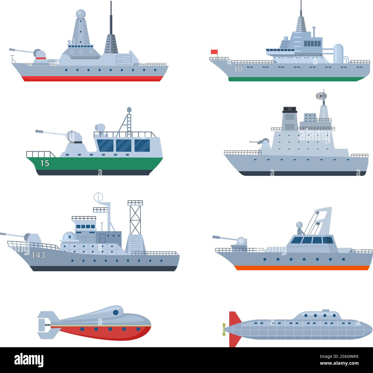 Barche militari. Nave da guerra combattente, fregata di sicurezza. Icone di combattimento isolate per la difesa navale. Forza e marina da guerra, set di vettori per corazzate piane. Illustrazione di armi militari, navi da guerra e navi da combattimento. Barche militari. Nave da guerra combattente, fregata di sicurezza. Icone di combattimento isolate per la difesa navale. Forza e marina da guerra, set di vettori per corazzate piane Illustrazione Vettoriale