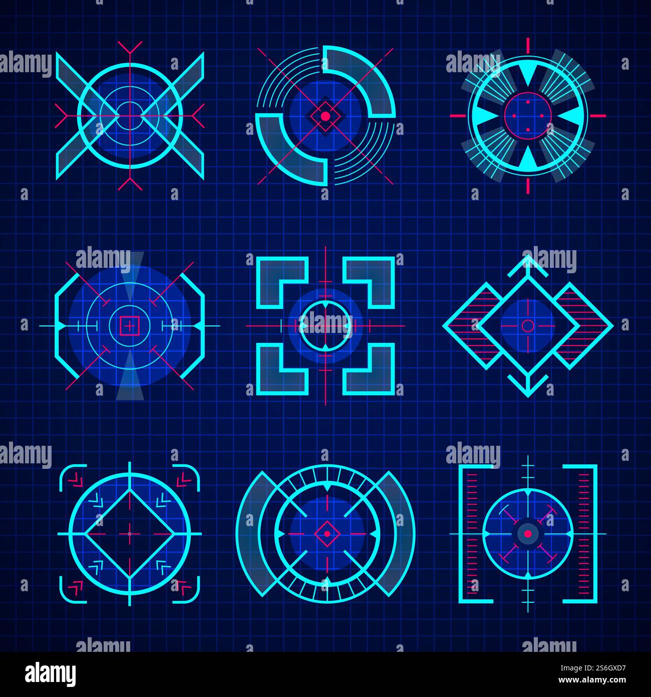 Puntamento ottico. Uix di fucili da cecchino si concentra sulla tecnologia futuristica e sullo stile hud. Mirino di precisione, illustrazione del gioco di interfaccia dell'arma di tiro. Puntamento ottico. Uix di fucili da cecchino si concentra sulla tecnologia futuristica e sullo stile hud Illustrazione Vettoriale