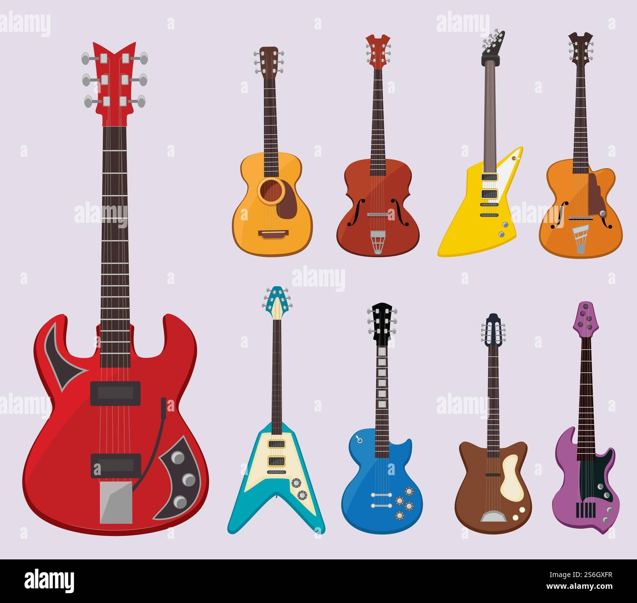 Chitarra musicale. Il suono degli strumenti da concerto dal vivo riproduce vari oggetti chitarre classiche illustrazioni vettoriali. Chitarra elettrica e acustica, suono musicale. Chitarra musicale. Il suono degli strumenti da concerto dal vivo riproduce vari oggetti chitarre classiche illustrazioni vettoriali Illustrazione Vettoriale