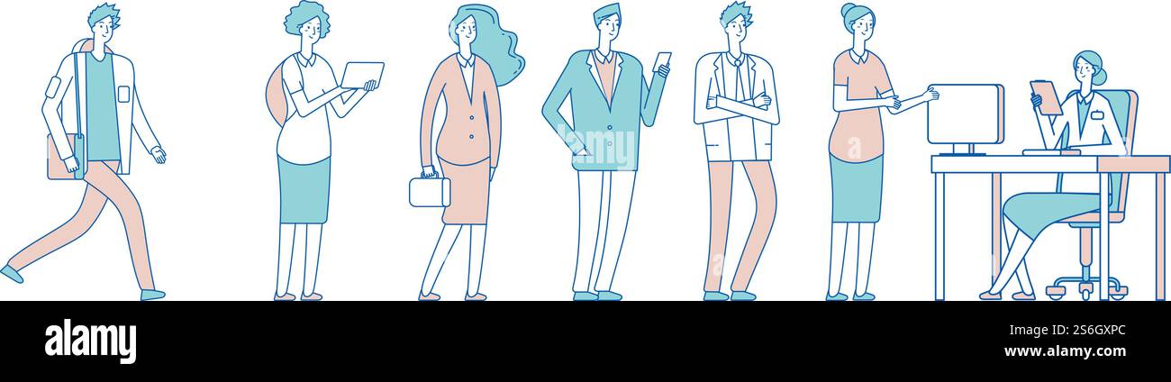 Gente in coda lunga. Uomini donne in un istituto sociale, in attesa di segretaria. Amministratore, accettando applicazioni e documenti illustrazione vettoriale. Donna uomo in coda alla segretaria, in attesa di una lunga fila. Gente in coda lunga. Uomini donne in un istituto sociale, in attesa di segretaria. Amministratore, accettando applicazioni e documenti illustrazione vettoriale Illustrazione Vettoriale