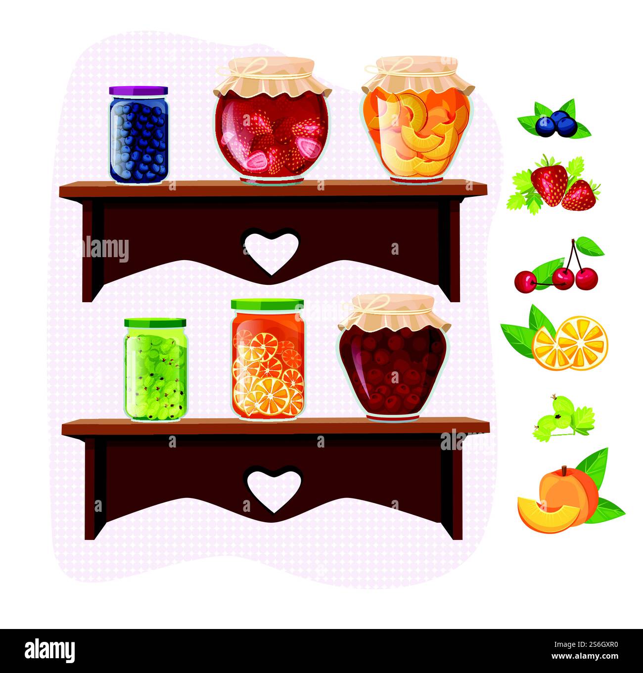 Marmellata fatta in casa. Marmellata di dessert alla frutta, barattoli di marmellata, confezione tradizionale in vetro su scaffali, set vettoriale. Illustrazione di marmellata di frutta con marmellata di prodotti biologici fatti in casa. Marmellata fatta in casa. Marmellata di dessert alla frutta, barattoli di marmellata, confezione tradizionale in vetro su scaffali, set vettoriale Illustrazione Vettoriale