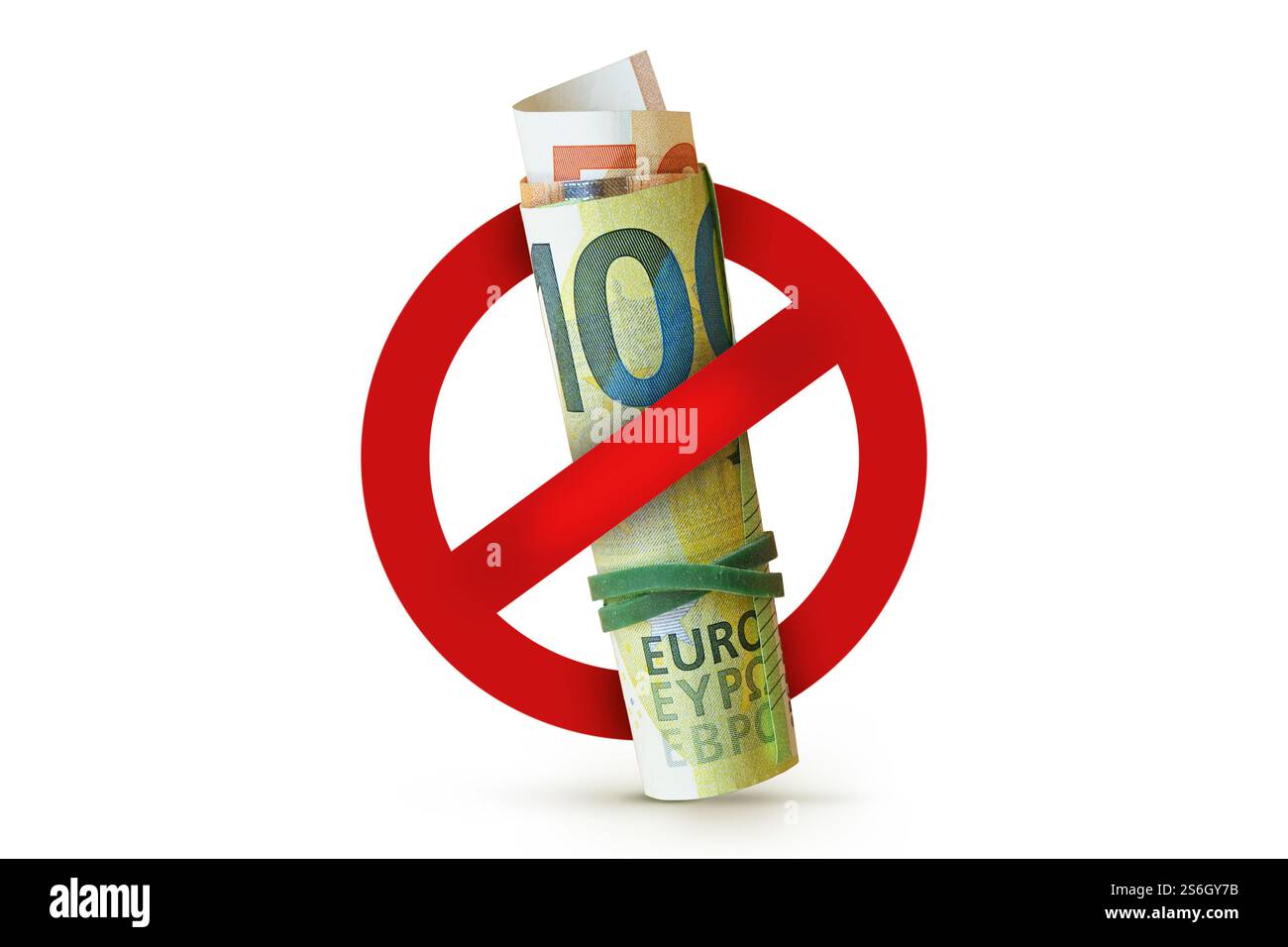 Banconote in euro con segno di divieto su sfondo bianco - Nessuna nozione di pagamento in contante Foto Stock