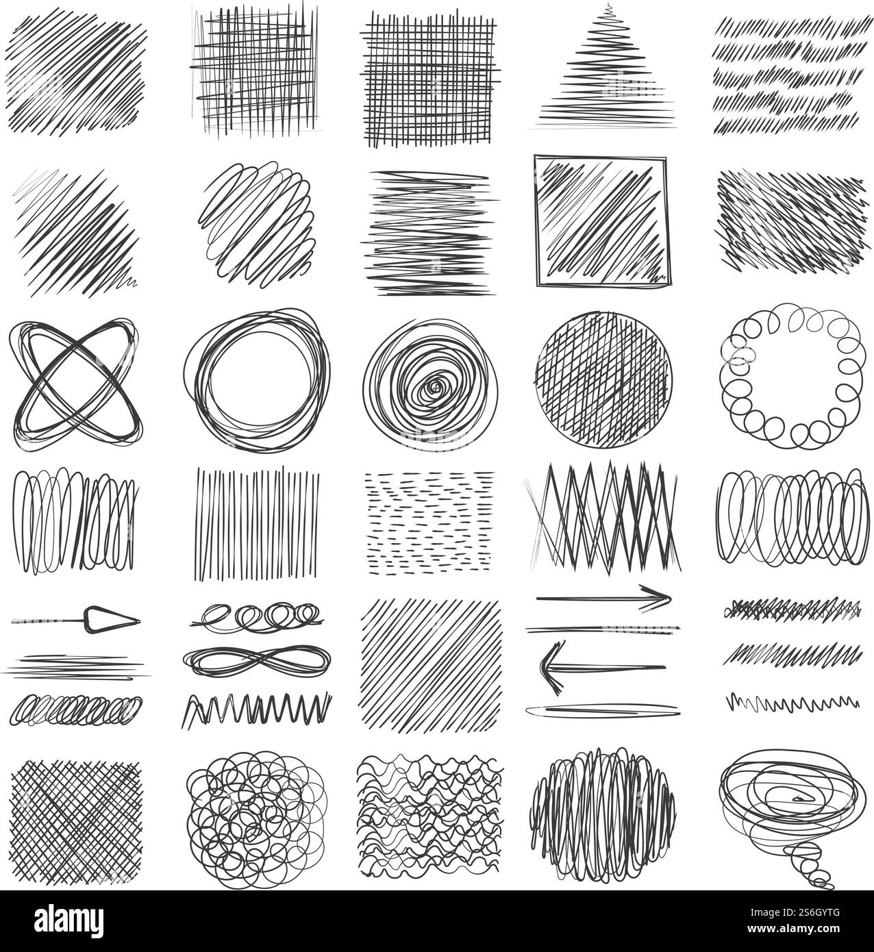 Trame di schizzo. Forme di ombreggiatura grunge disegnano il set di raccolta di scarabocchi vettoriali delle linee. Immagine con struttura a mano libera, rettangolo graffio, disegno a forma di scarabocchio. Trame di schizzo. Forme di ombreggiatura grunge disegnano il set di raccolta di scarabocchi vettoriali delle linee Illustrazione Vettoriale
