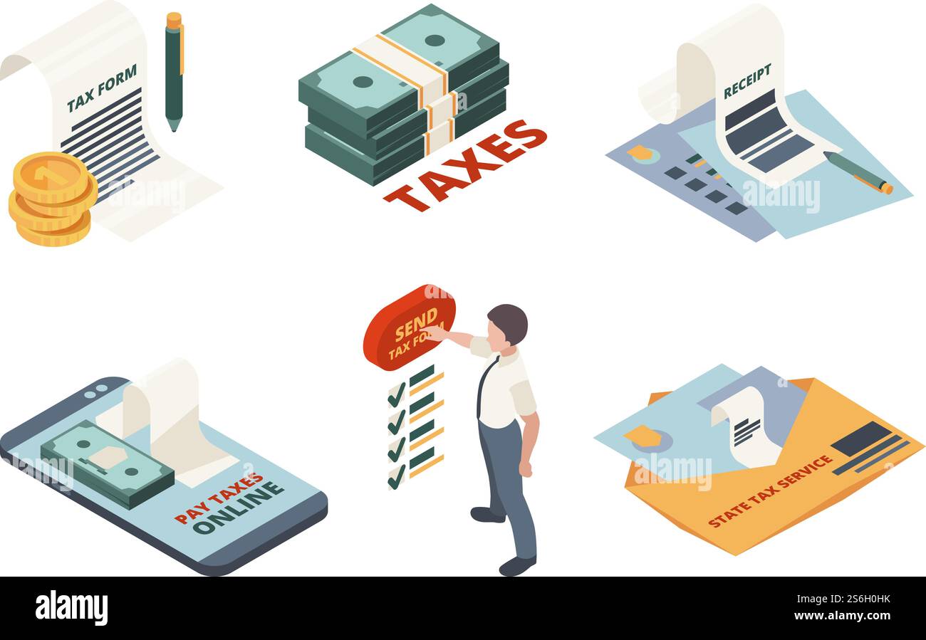 Pagamento delle imposte isometrico. Immagini del concetto di vettore della dichiarazione del vettore della dichiarazione dei redditi online del servizio legale. Contabilità dei servizi fiscali, documento di pagamento, illustrazione della tassazione delle fatture. Pagamento delle imposte isometrico. Immagini del concetto di vettore della dichiarazione del vettore della dichiarazione dei redditi online del servizio legale Illustrazione Vettoriale