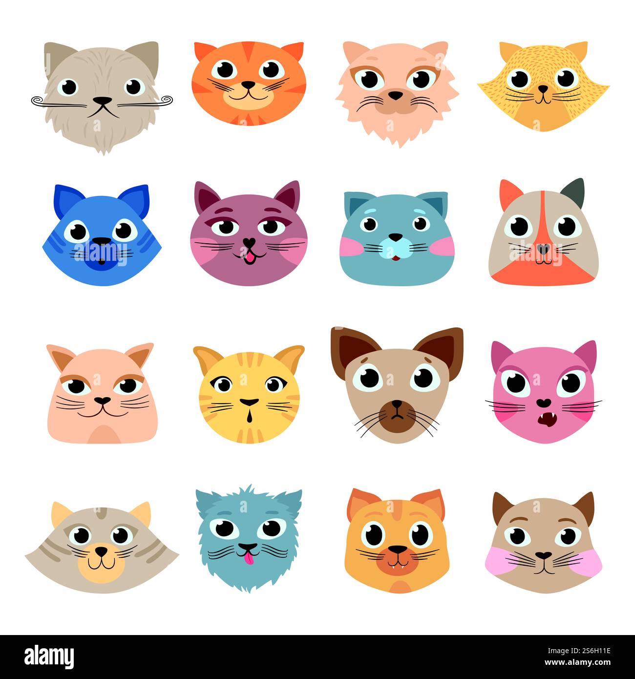 Teste di gatti. Carini animali domestici divertenti teste colorate facce felici emozioni espressive vettoriali set. Animaletto gatto, simpatico set di figure. Teste di gatti. Carini animali domestici divertenti teste colorate facce felici emozioni espressive vettoriali set Illustrazione Vettoriale