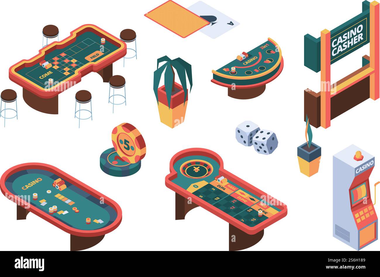 Casinò isometrico. Poker gioco d'azzardo da tavolo nightclub carte vettoriali giocatori persone. Casino Chance, puntata del tavolo da gioco, illustrazione della moneta e della slot machine. Casinò isometrico. Poker gioco d'azzardo da tavolo nightclub carte vettoriali giocatori persone Illustrazione Vettoriale