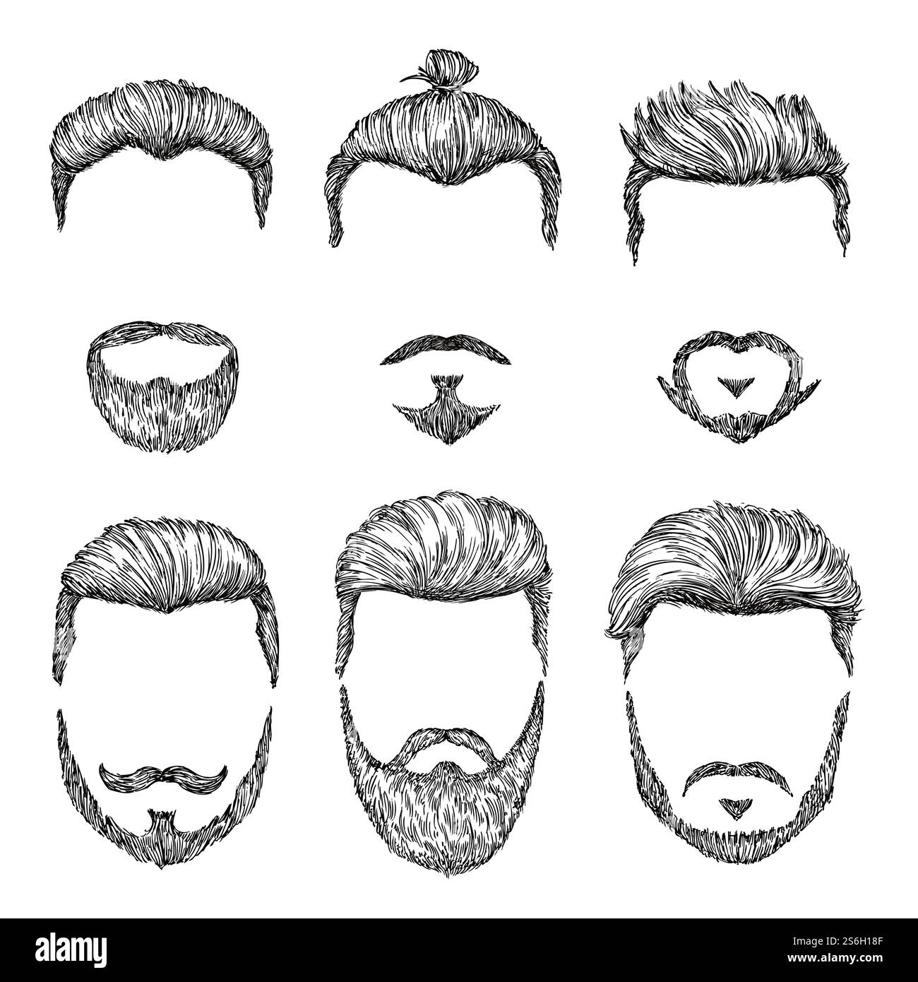 Taglio hipster. Acconciature vintage disegnate a mano. Barbe e baffi isolati. Set vettoriale di facce di schizzo maschili alla moda. Capelli illustrativi e barba silhouette nera. Taglio hipster. Acconciature vintage disegnate a mano. Barbe e baffi isolati. Set vettoriale di facce di schizzo maschili alla moda Illustrazione Vettoriale