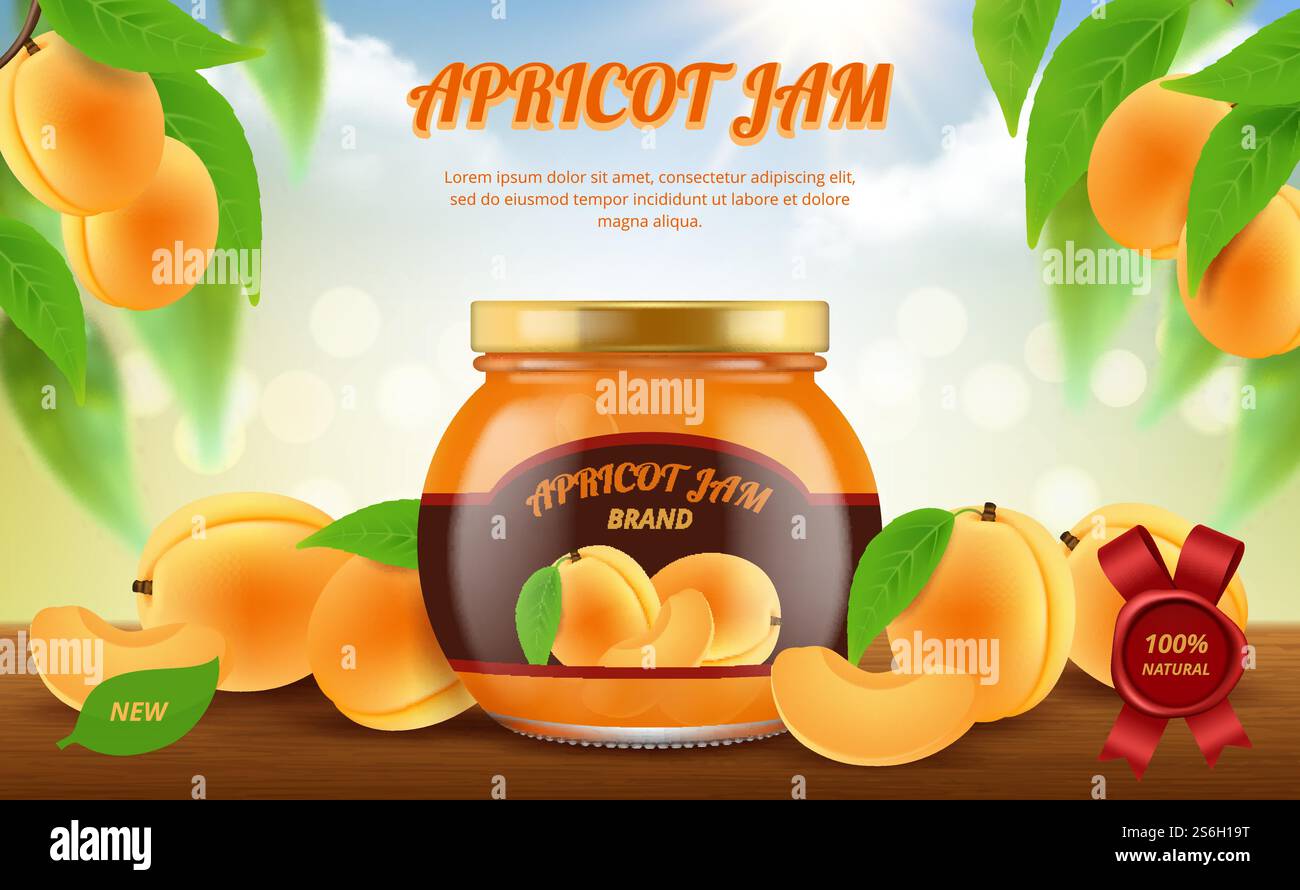 Annunci di inceppamento. Cibo tradizionale in vaso di vetro che inceppa i prodotti marmellati modello di cartellone promozionale vettoriale. Dessert con marmellata di albicocche, marmellata di frutta, illustrazione biologica. Annunci di inceppamento. Cibo tradizionale in vaso di vetro che inceppa i prodotti marmellati modello di cartellone promozionale vettoriale Illustrazione Vettoriale