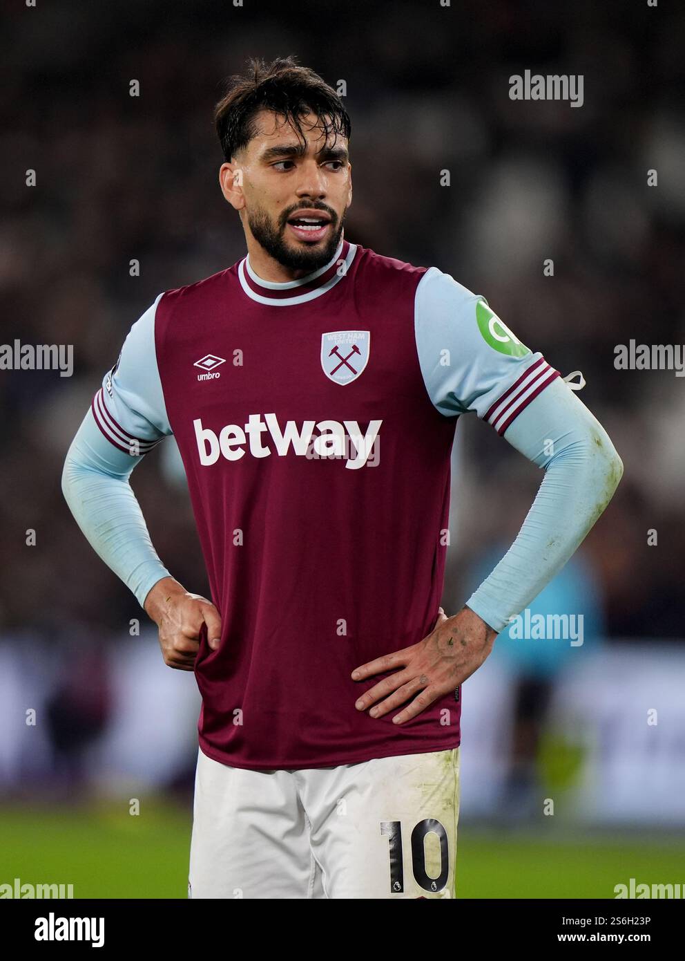 Foto del file datata 29-12-2024 di Lucas Paqueta del West Ham United. L'allenatore Graham Potter ritiene che il playmaker Lucas Paqueta debba sentirsi amato al West Ham per mantenere la sua forma migliorata. Data di pubblicazione: Venerdì 17 gennaio, 2025. Foto Stock