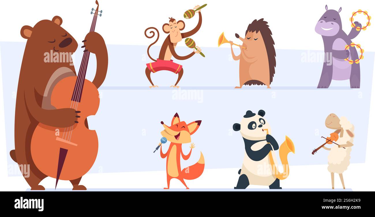 Animali musicisti. Wild cartoon zoo Animals con strumenti musicali voce e canzone suonano band con chitarra violino vettoriale divertente set. Hedgehog e hippopotamus, melodia suonano illustrazioni da concerto. Animali musicisti. Wild cartoon zoo Animals con strumenti musicali voce e canzone suonano band con chitarra violino vettoriale divertente set Illustrazione Vettoriale