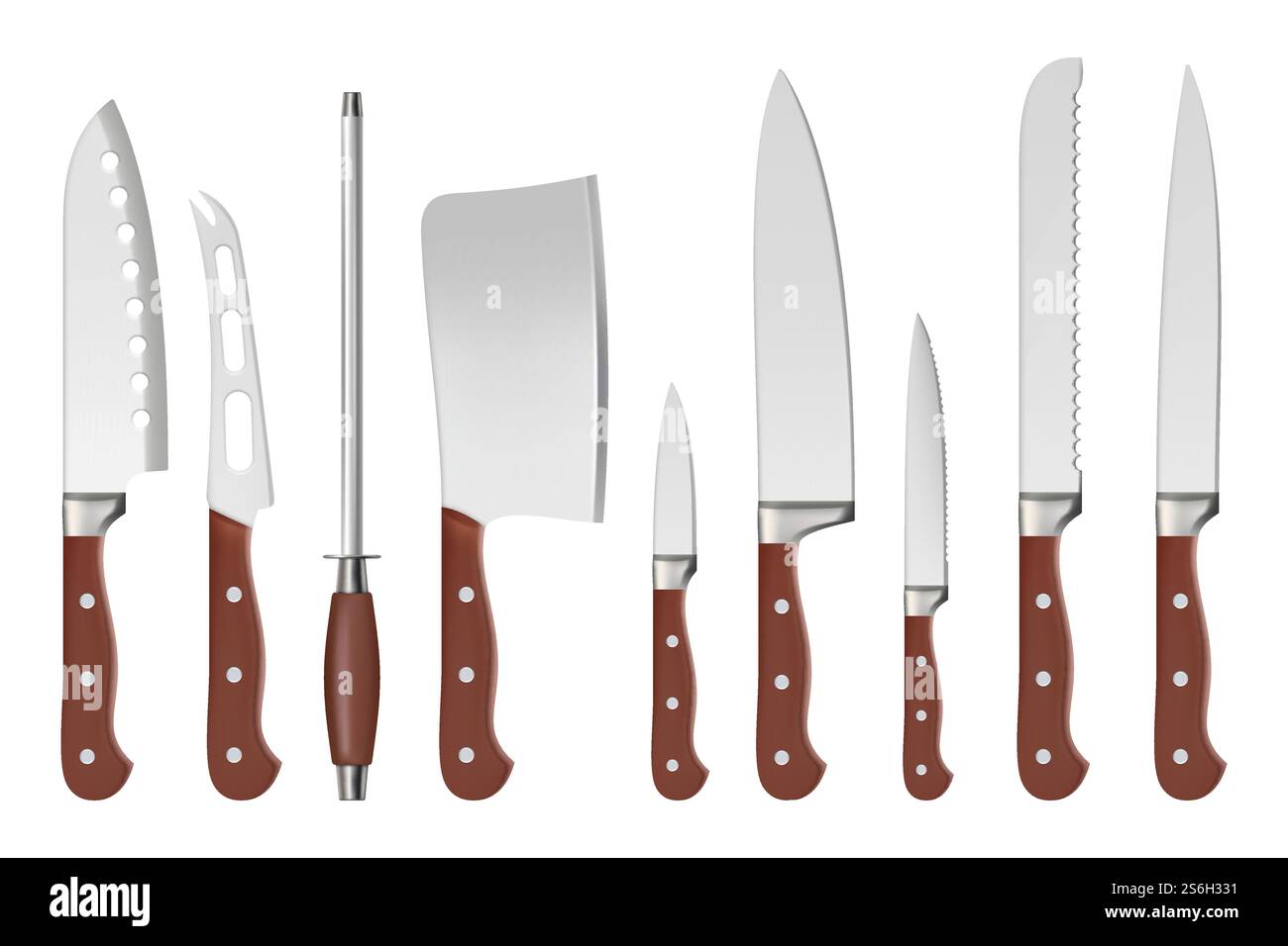 Coltelli. Butcher coltelli professionali con manico affilato utensili da cucina accessori per ristoranti per piani di cottura vettoriali immagini isolate. Illustrazione degli utensili da cucina per macellaio e coltello. Coltelli. Butcher coltelli professionali con manico affilato utensili da cucina accessori per ristoranti per piani di cottura vettoriali immagini isolate Illustrazione Vettoriale