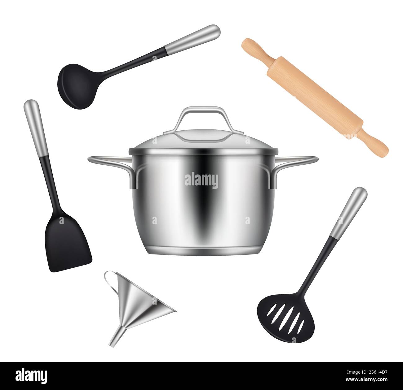 Oggetti da cucina. Oggetti realistici per cucinare griglie padelle coltelli forchette mestoli utensili vettoriali. Utensili da cucina in acciaio inox realistico per l'illustrazione della cucina. Oggetti da cucina. Oggetti realistici per cucinare griglie padelle coltelli forchette mestoli utensili vettoriali Illustrazione Vettoriale