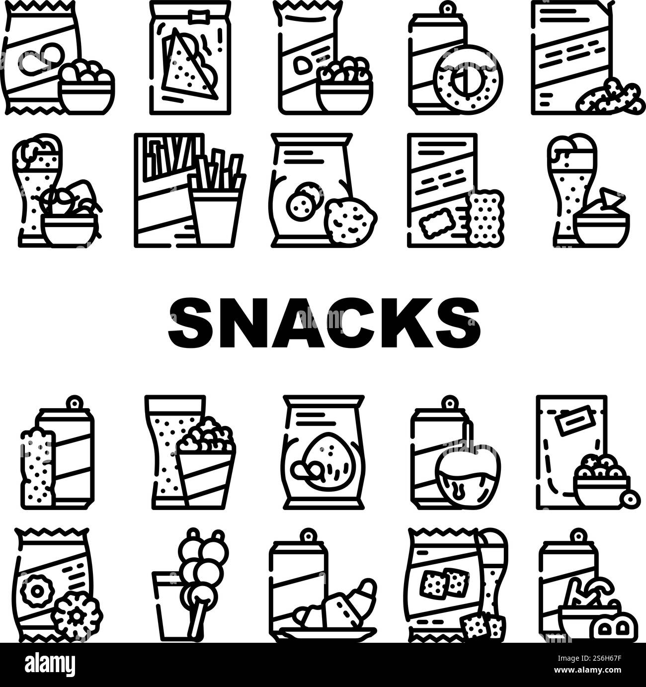 Snacks Food and drink Collection Icons Set Vector. Banane secche e frutta al caramello, patatine e noci di cocco, ciambelle e biscotti d'avena, spuntini illustrazioni di contorno nero. Snacks Food and drink Collection Icons Set Vector Illustrazione Vettoriale