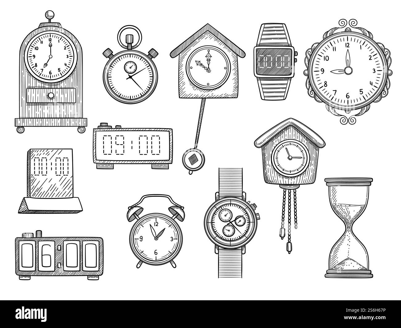 Orologi Doodle. Consente di osservare le illustrazioni dei disegni vettoriali della sveglia con timer. Orologio e cronometro, disegnare a mano il doodle. Orologi Doodle. Consente di osservare le illustrazioni dei disegni vettoriali della sveglia con timer Illustrazione Vettoriale