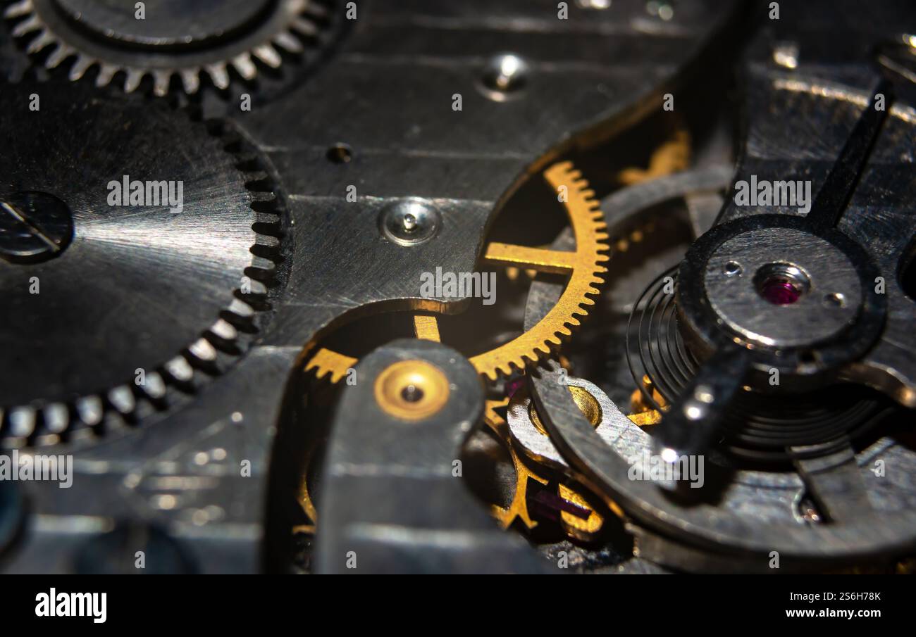 Vista ravvicinata di un movimento meccanico dell'orologio che rivela la cura artigianale dettagliata di ingranaggi e molle che funzionano insieme senza problemi. Foto Stock