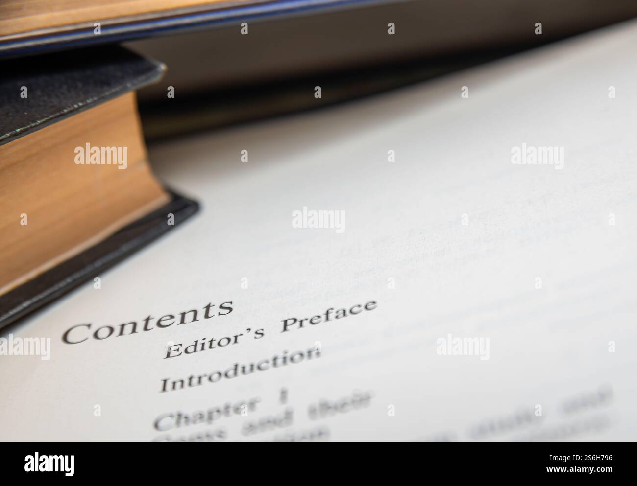 Il libro aperto rivela la pagina dei contenuti con la prefazione dell'editore e le presentazioni ai capitoli, creando un'atmosfera invitante per la lettura. Foto Stock