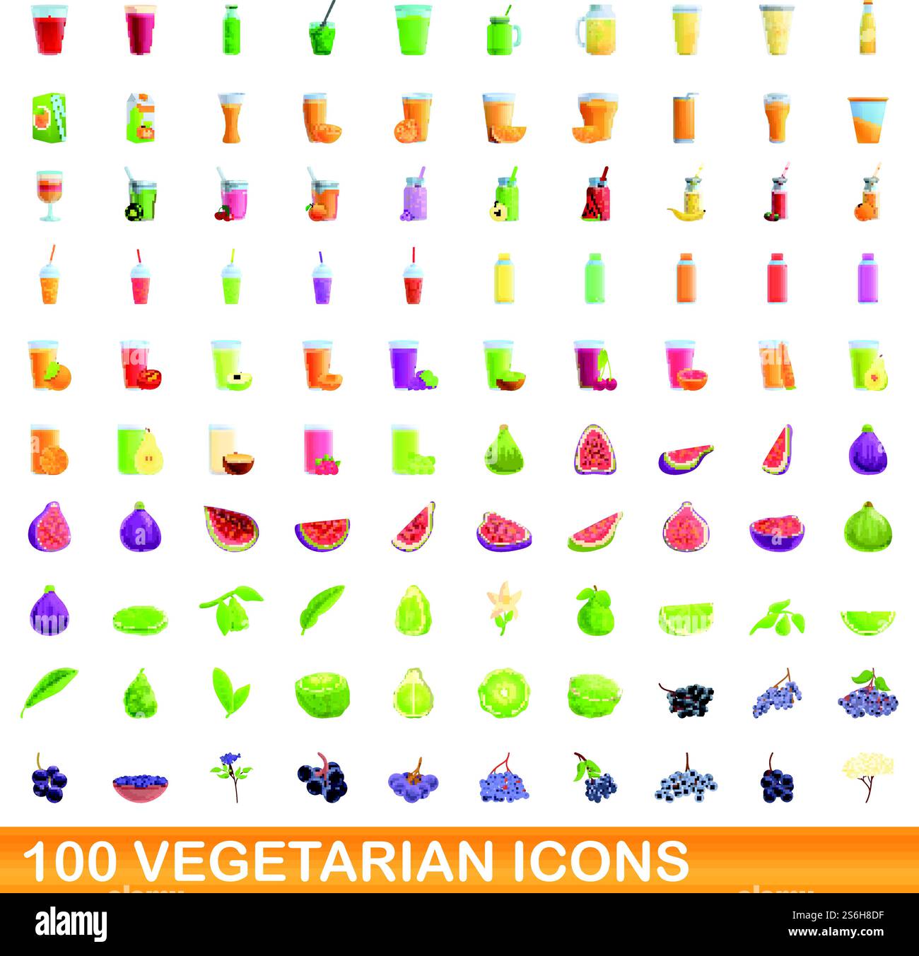 set di 100 icone vegetariane. Illustrazione a cartoni animati di 100 icone vegetariane insieme di vettori isolato su sfondo bianco. set di 100 icone vegetariane in stile cartoni animati Illustrazione Vettoriale