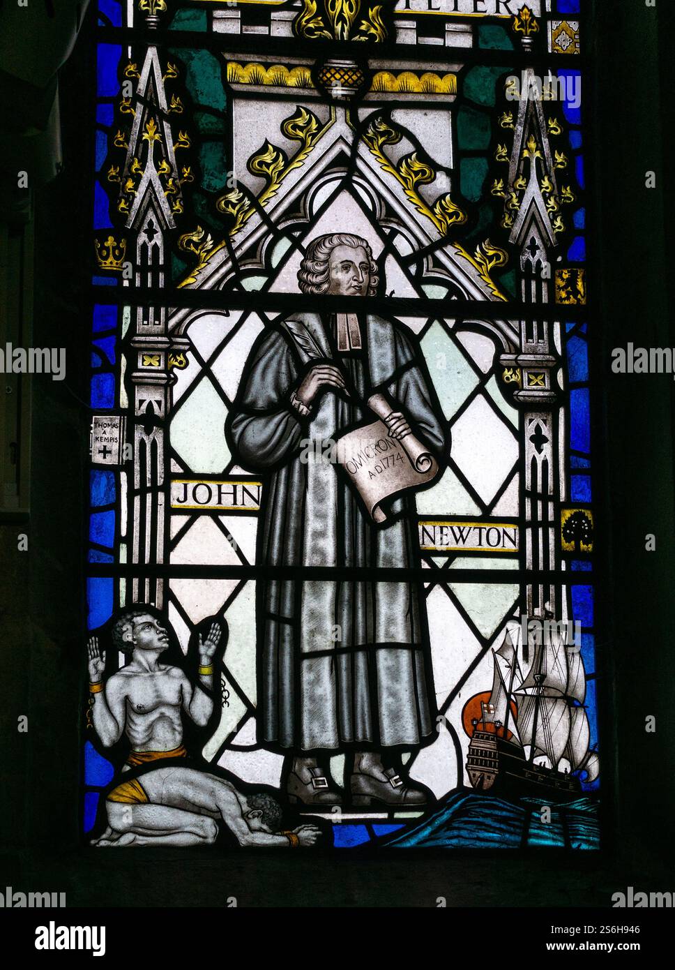 Vetrata colorata che mostra John Newton, scrittore dell'inno 'Amazing Grace' , in Olney, Buckinghamshire, Regno Unito Foto Stock