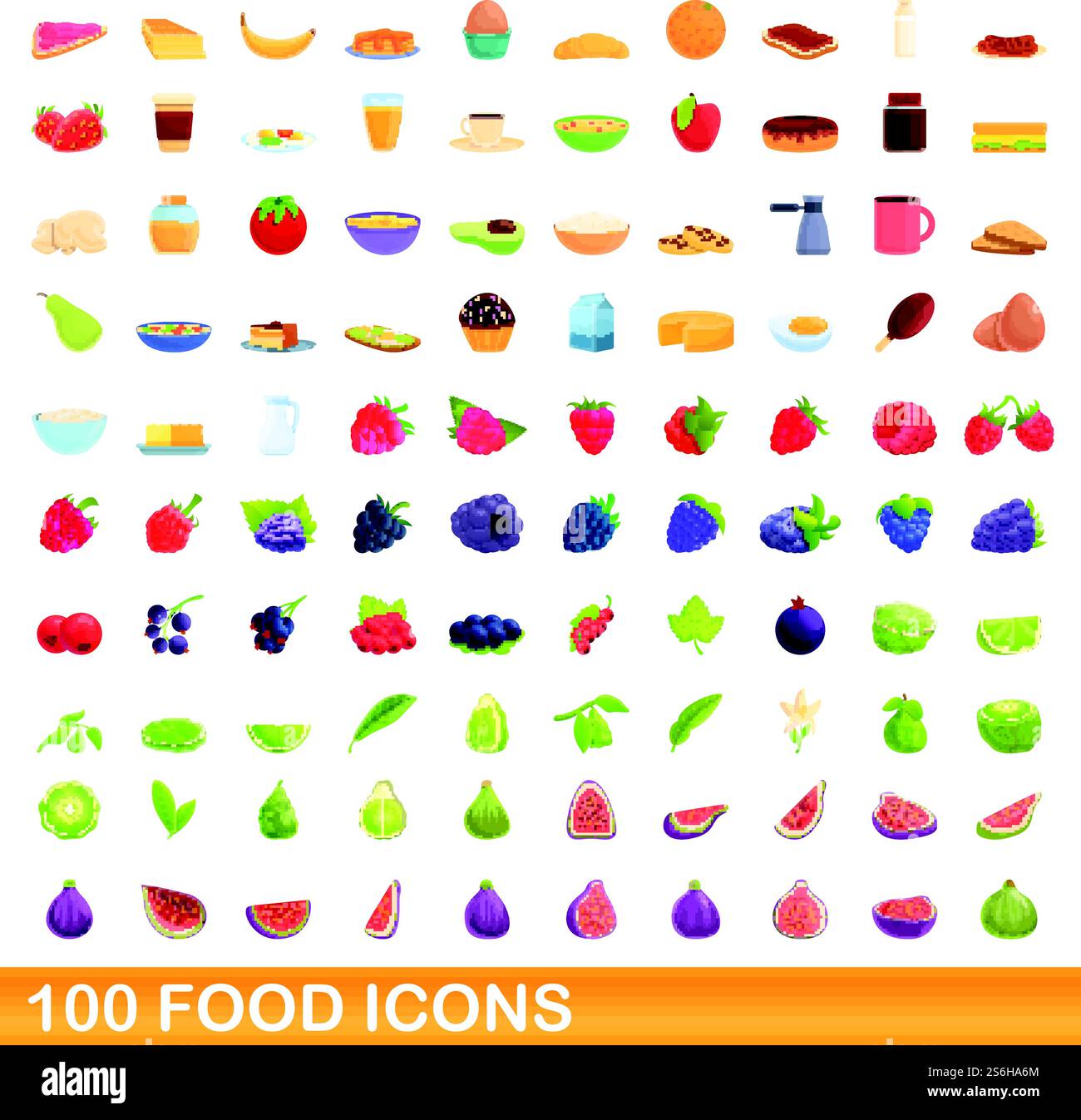 set di 100 icone del cibo. Illustrazione a cartoni animati di 100 icone di cibo insieme di vettori isolati su sfondo bianco. set di 100 icone del cibo, stile cartone animato Illustrazione Vettoriale