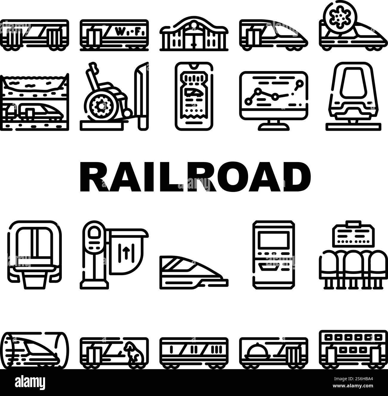 Icone della raccolta dei trasporti ferroviari Set Vector. Train Wagon Restaurant and Carriage, Hyperloop e Maglev, Railroad Limiter e stazione ferroviaria Black Contour illustrazioni. Icone della raccolta dei trasporti ferroviari Set Vector Illustrazione Vettoriale
