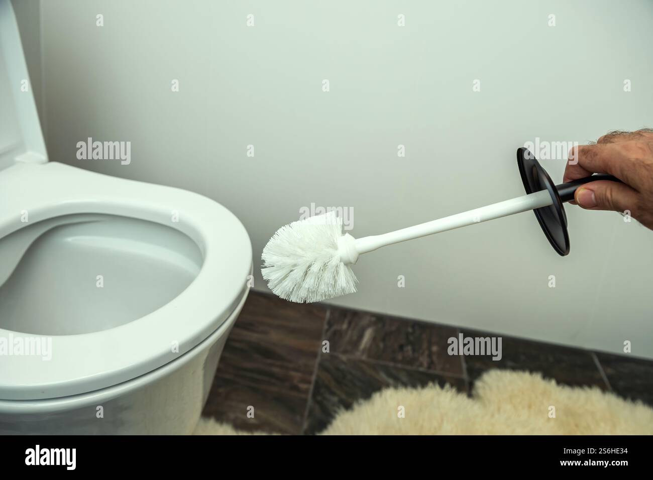Uno spazzolino bianco con manico nero tenuto vicino a una ciotola bianca, collocato su un pavimento piastrellato con un soffice tappeto beige. Foto Stock