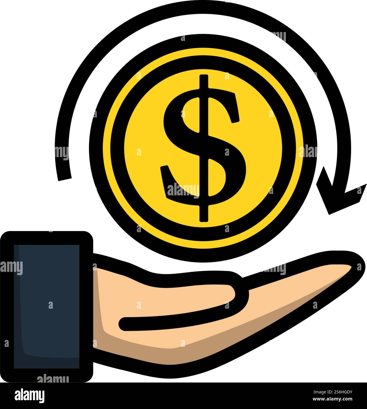 Icona Cash Back Coin to Hand. Contorno grassetto modificabile con disegno riempimento colore. Illustrazione vettoriale. Illustrazione Vettoriale