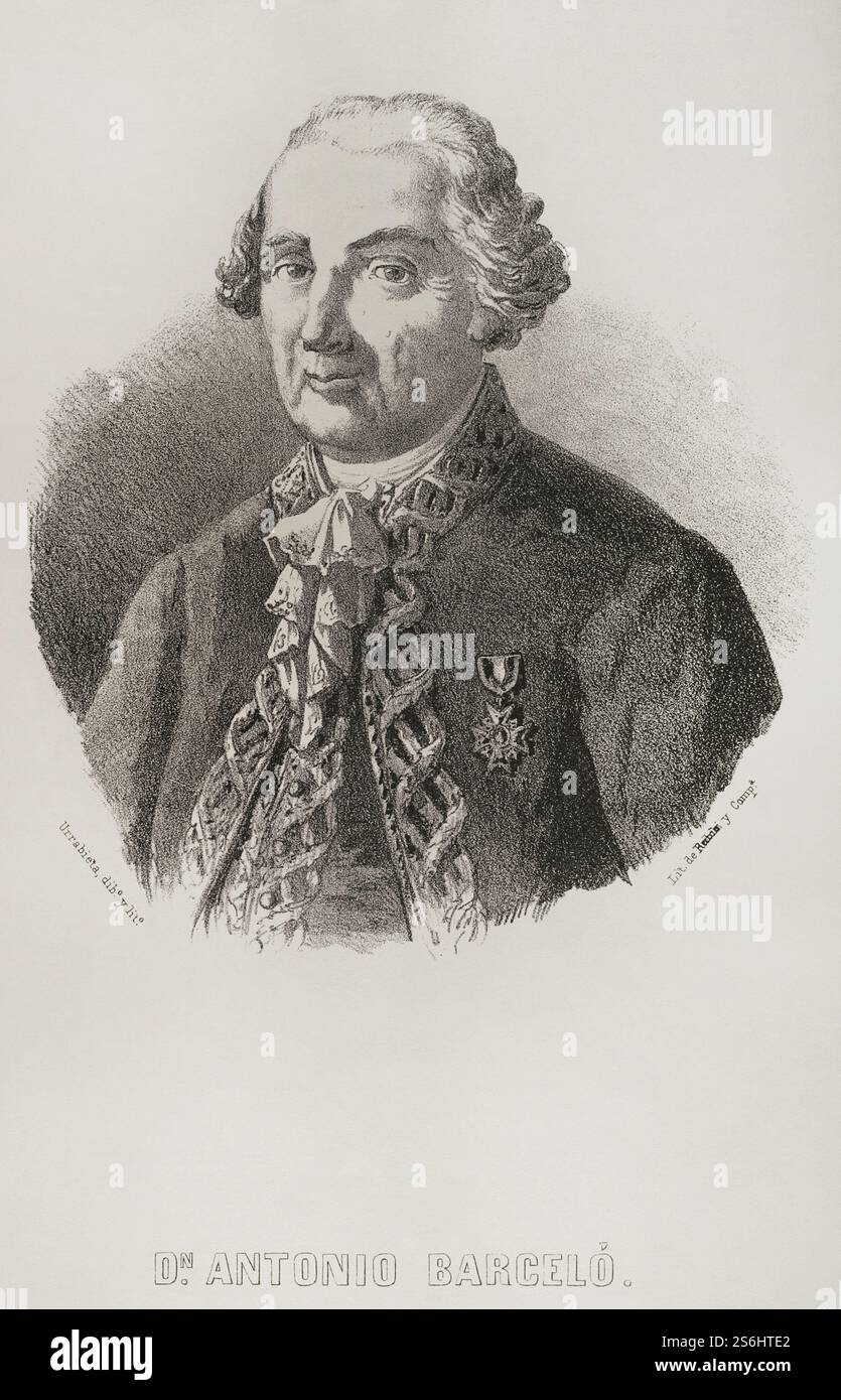 Antonio Barceló (Antonio Barceló y Pont de Terra) (1717-1797). Ufficiale della Marina spagnola. Tenente generale della Royal Navy spagnola. Combatté la pirateria ottomana e il commercio di schiavi barbareschi nel Mediterraneo. Verticale. Illustrazione di Urrabieta. Litografia. Crónica General de España, Historia Ilustrada y Descriptiva de sus Provincias (Cronaca generale di Spagna, illustrata e descrittiva storia delle sue Province), Baleari, 1871. Foto Stock