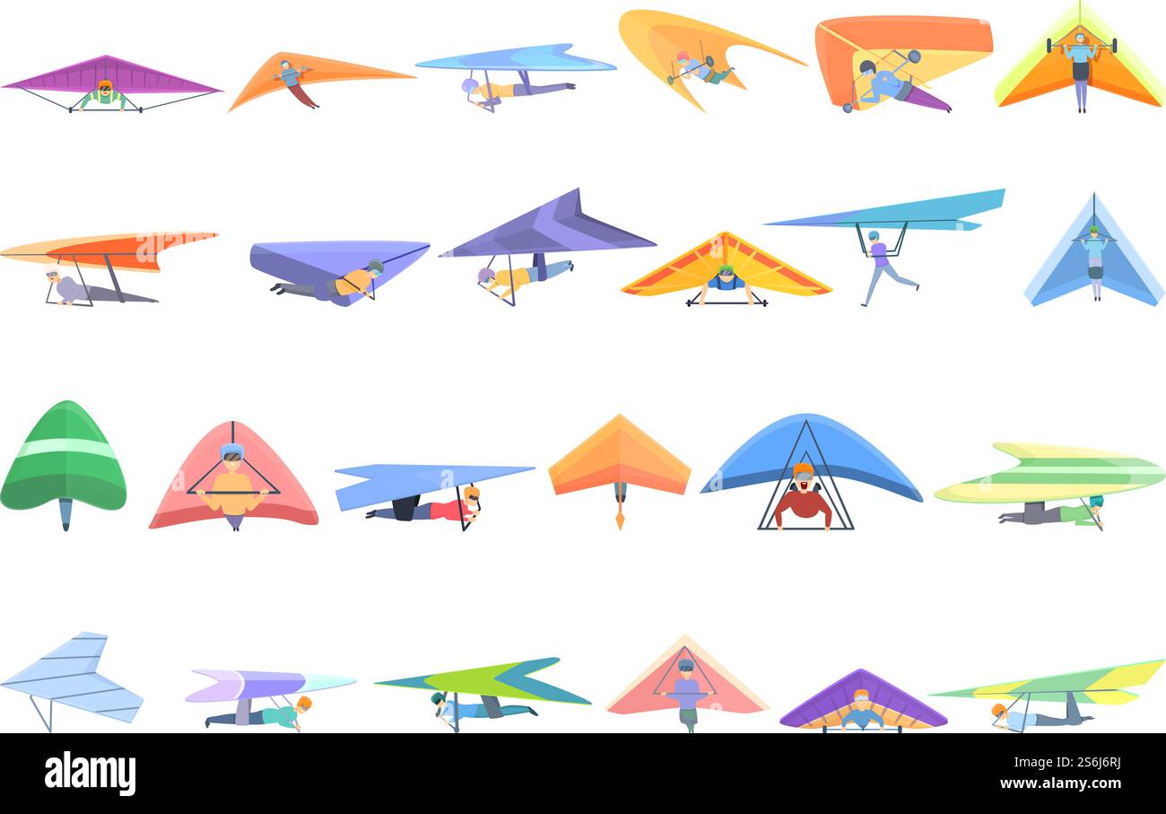 Set icone deltaplano. Set di cartoni animati con icone vettoriali di deltaplano per il web design. Set di icone del deltaplano, stile cartoni animati Illustrazione Vettoriale